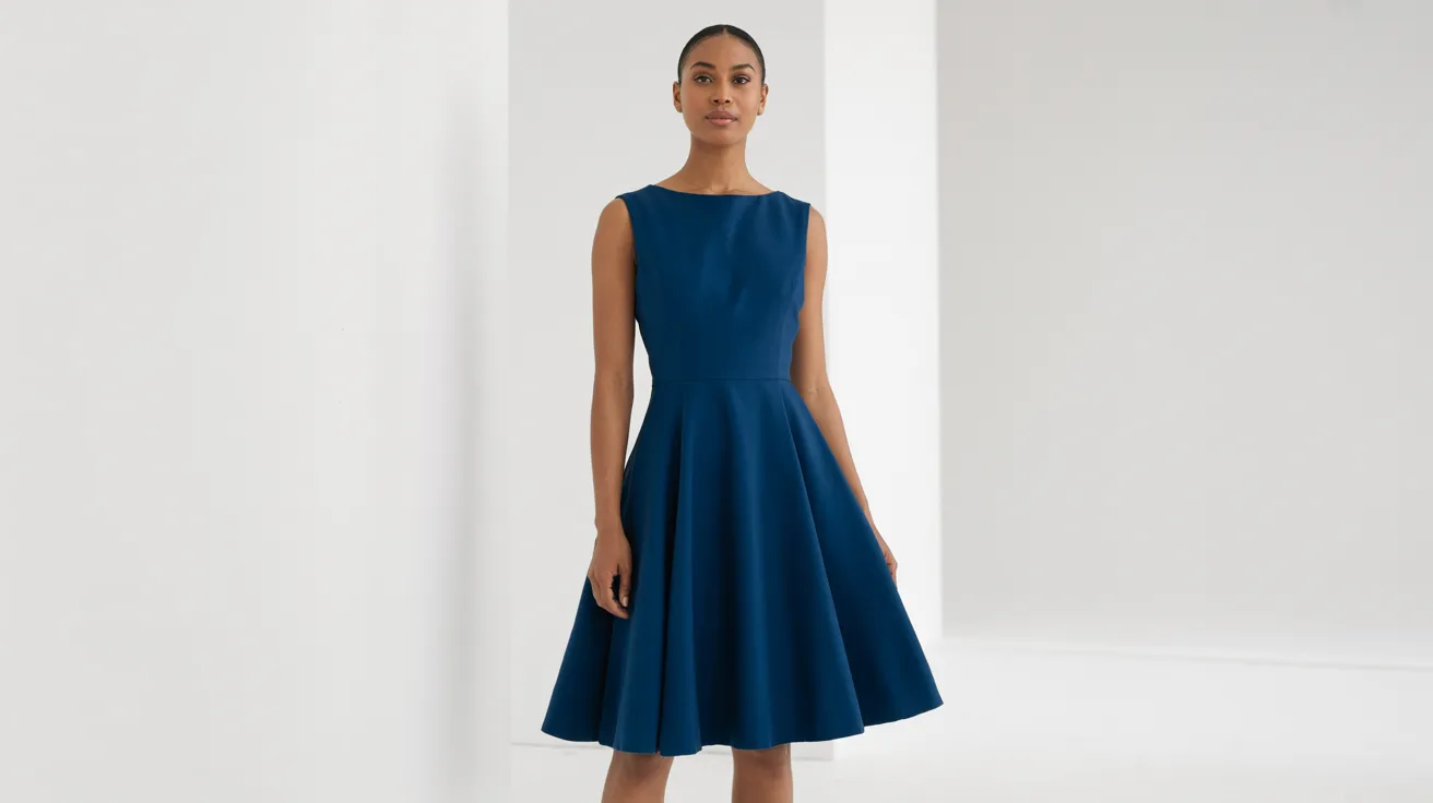 A model poses in a stylish navy blue dress, showcasing its elegant design and fit.