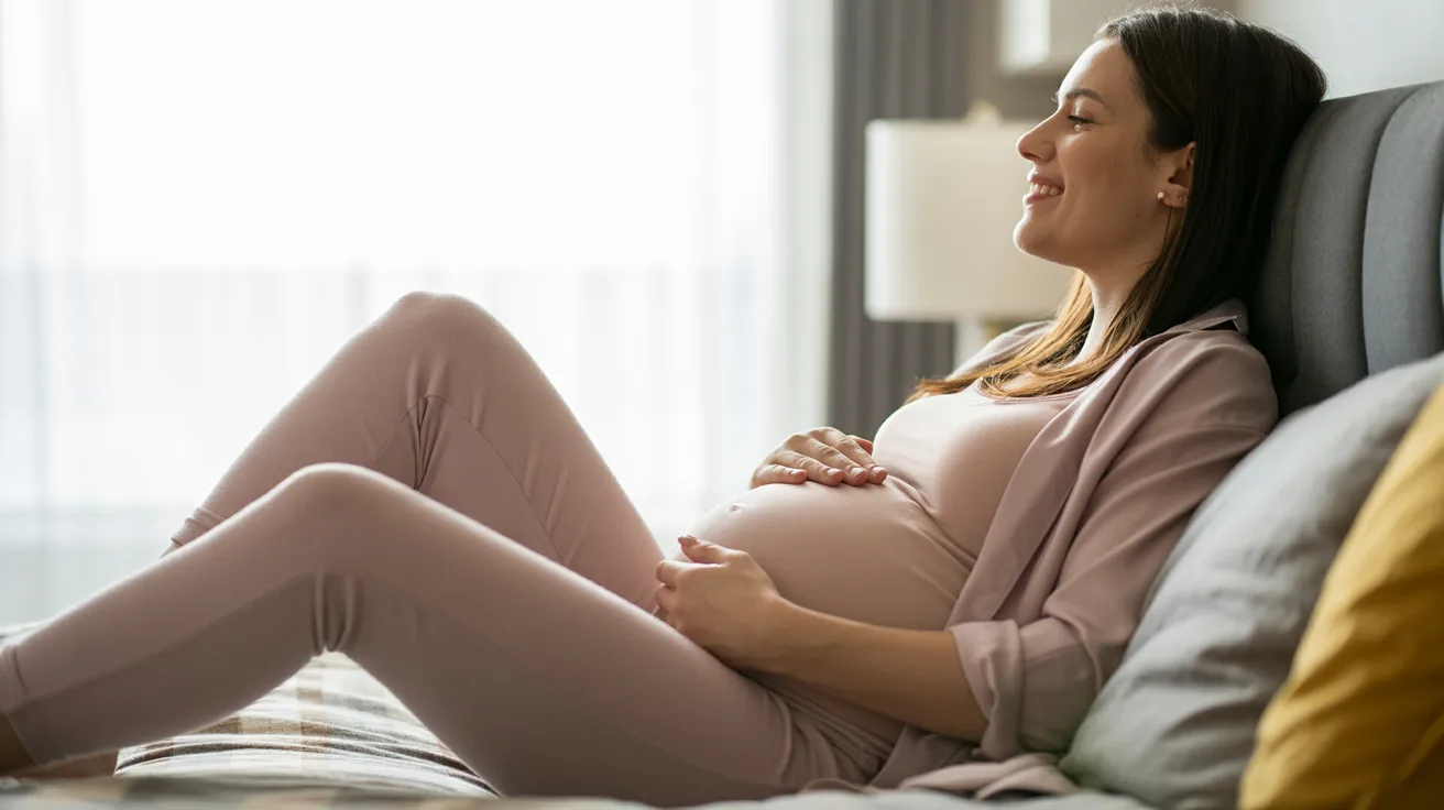 A pregnant woman in soft pink loungewear sits comfortably on a bed, smiling with serenity. Sunlight streams through a window, creating a warm, calm atmosphere.