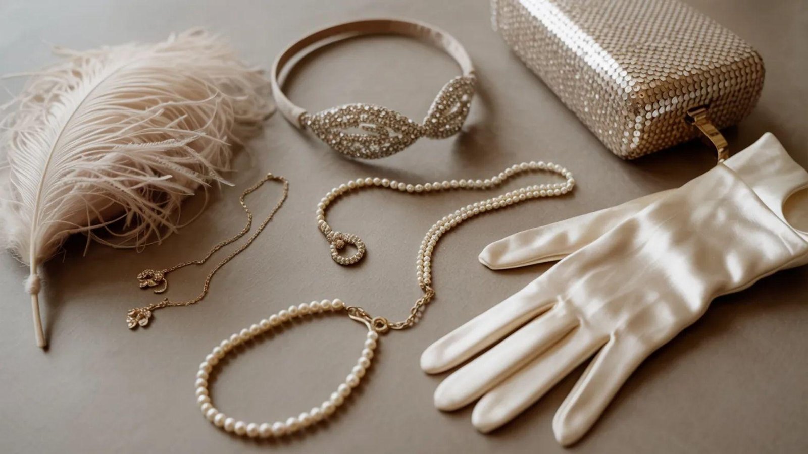 Elegant vintage accessories arranged on a table: a feather, pearl necklace, drop earrings, beaded headband, sequined clutch, and satin gloves.