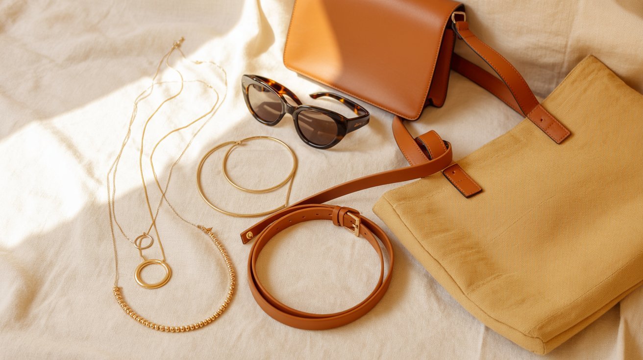 A tan bag, stylish sunglasses, and a delicate necklace arranged together on a neutral background.