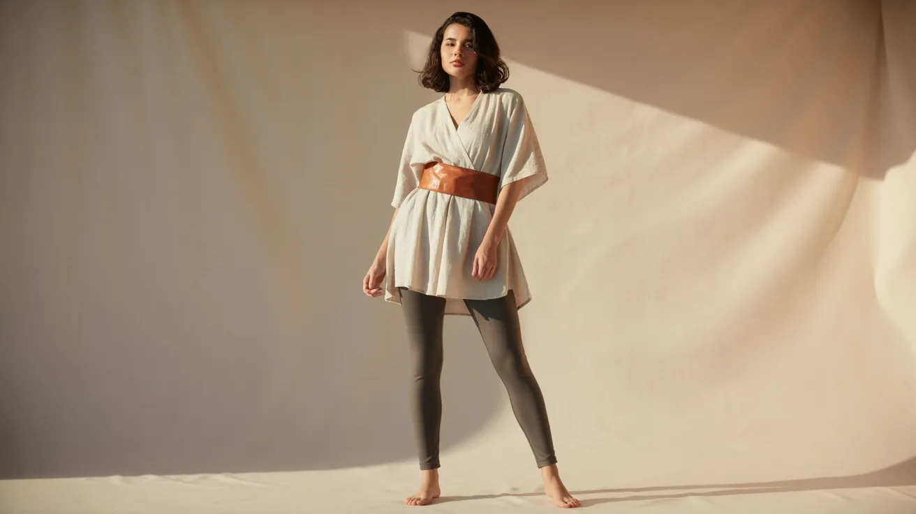 A woman wearing a white dress paired with gray leggings stands confidently, showcasing a stylish and casual outfit.
