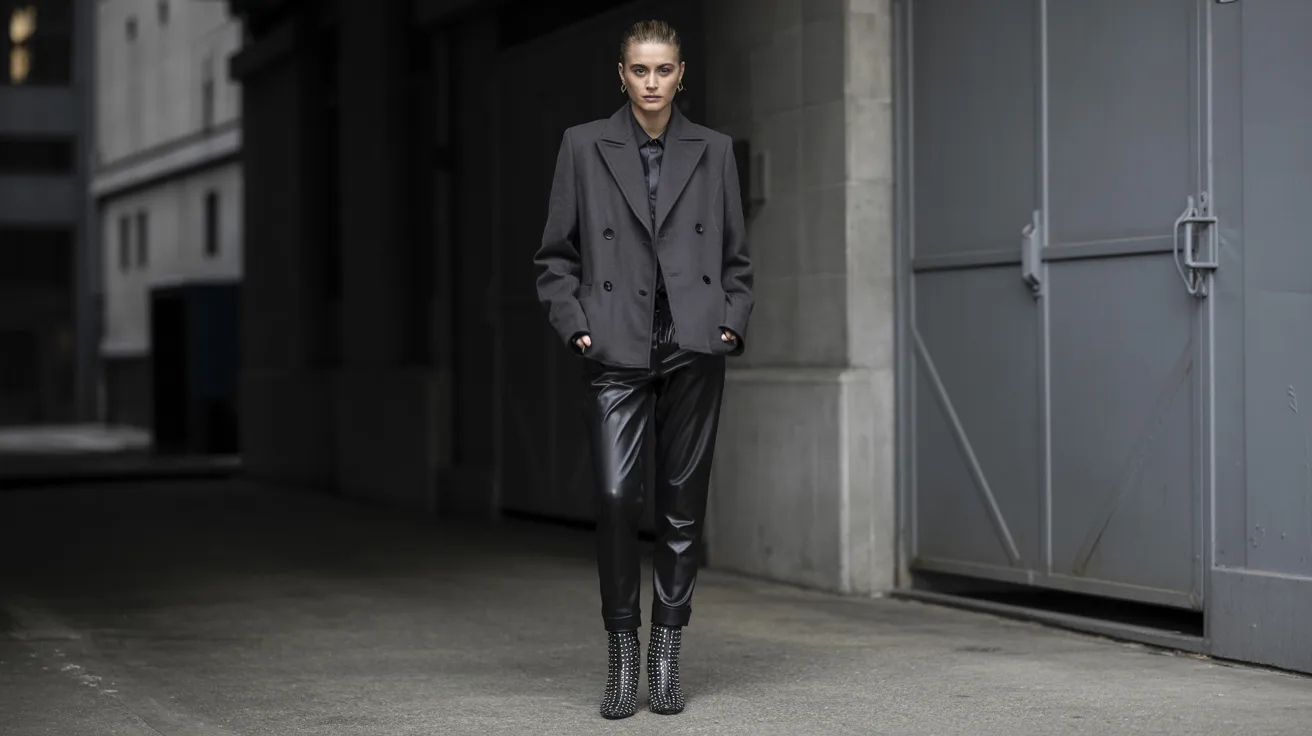 A woman wearing a black suit paired with leather pants, exuding a professional and stylish appearance.