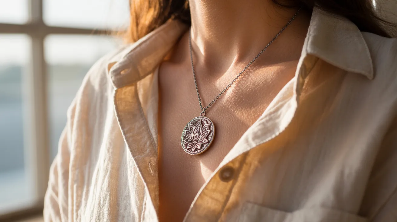 A woman wearing a stylish necklace featuring a prominent pendant, showcasing her elegant fashion choice.