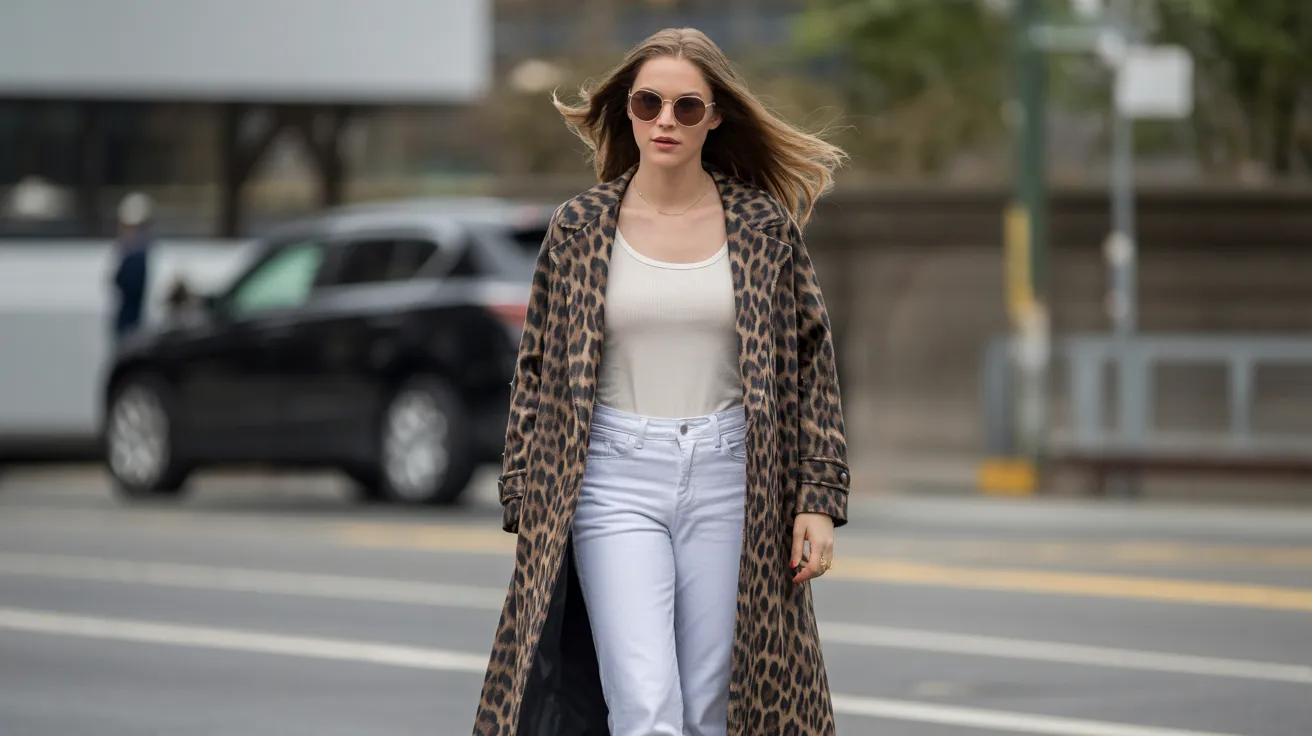 A woman in white jeans and a leopard coat walks confidently down the street.