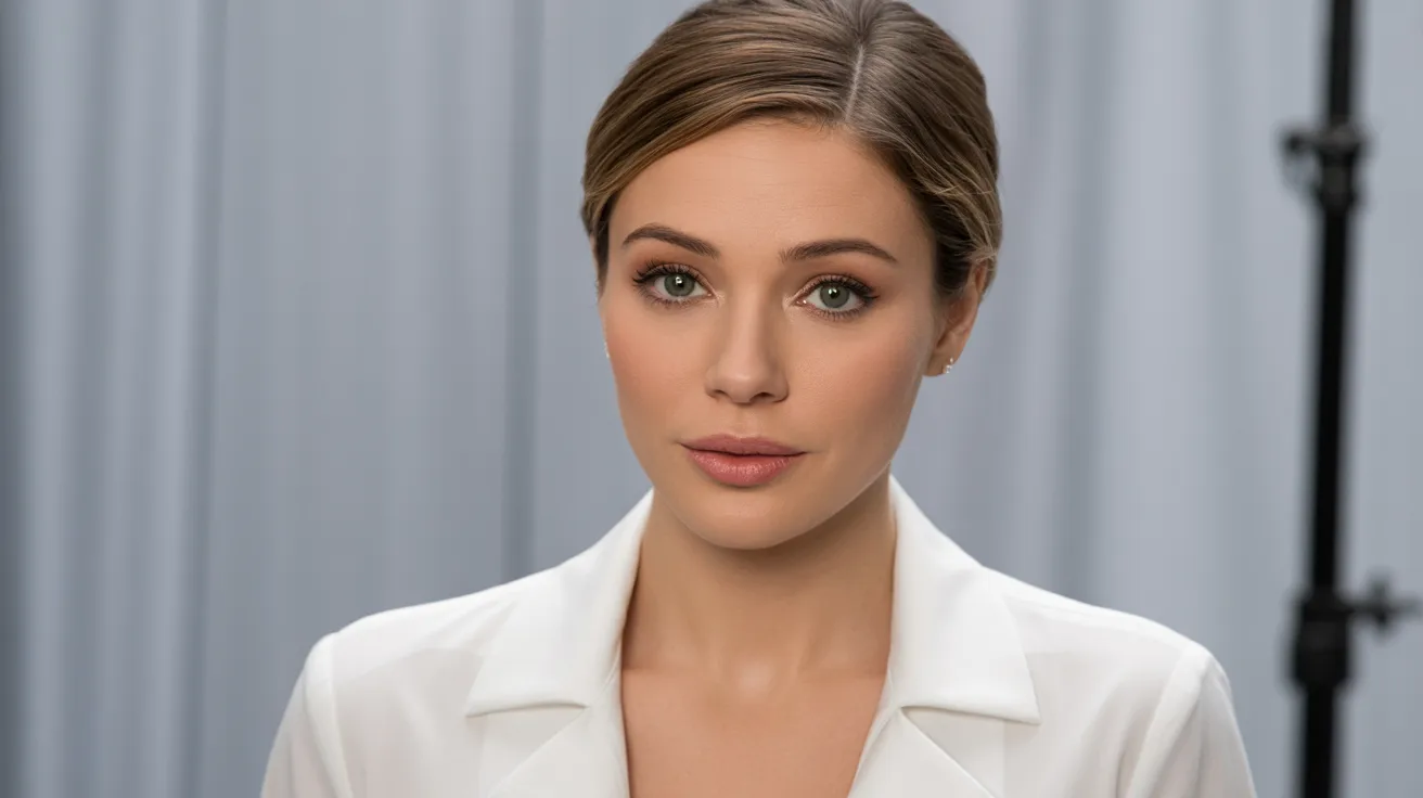 A woman in a white blazer gazes directly at the camera with a confident expression.