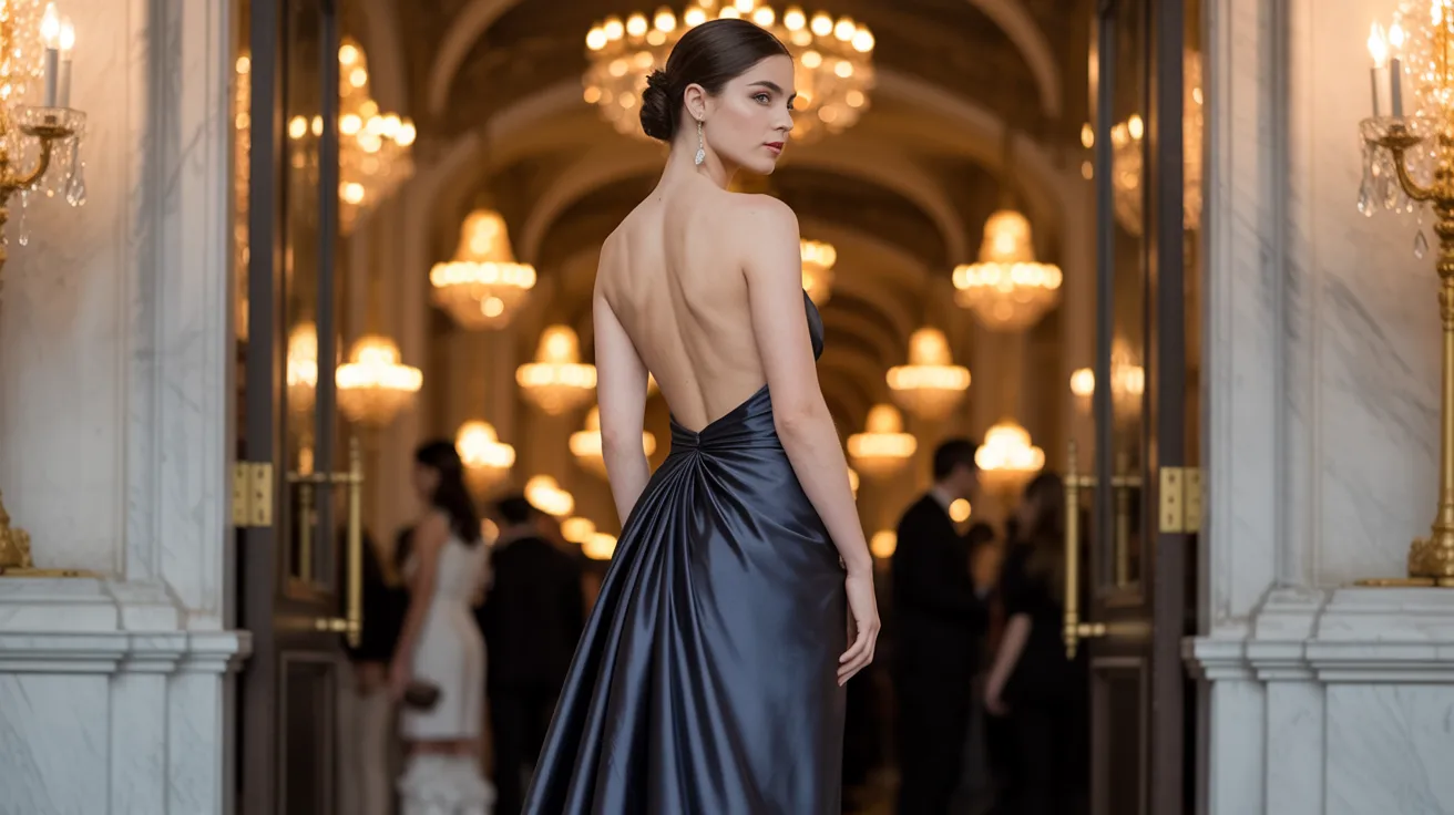 The back of a woman dressed in a blue gown, emphasizing the gown's color and elegant shape.