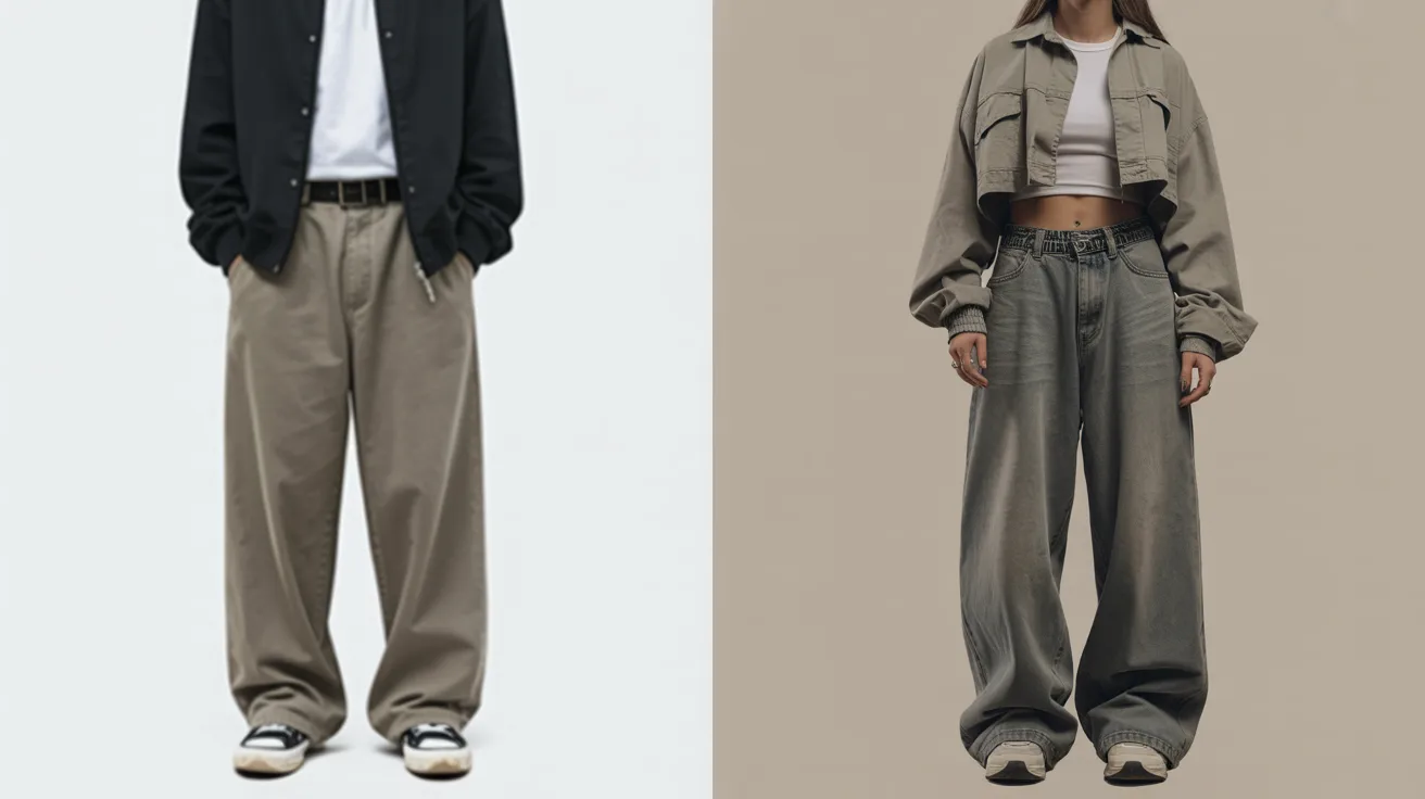 Two images of a man and woman standing side by side, both wearing stylish pants in a casual setting.