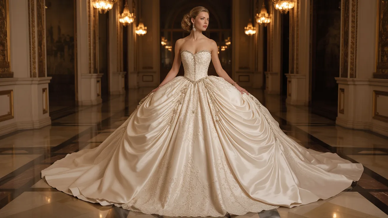 A lovely woman in a wedding gown is captured in an ornate hall, featuring luxurious decor and a charming, festive ambiance.