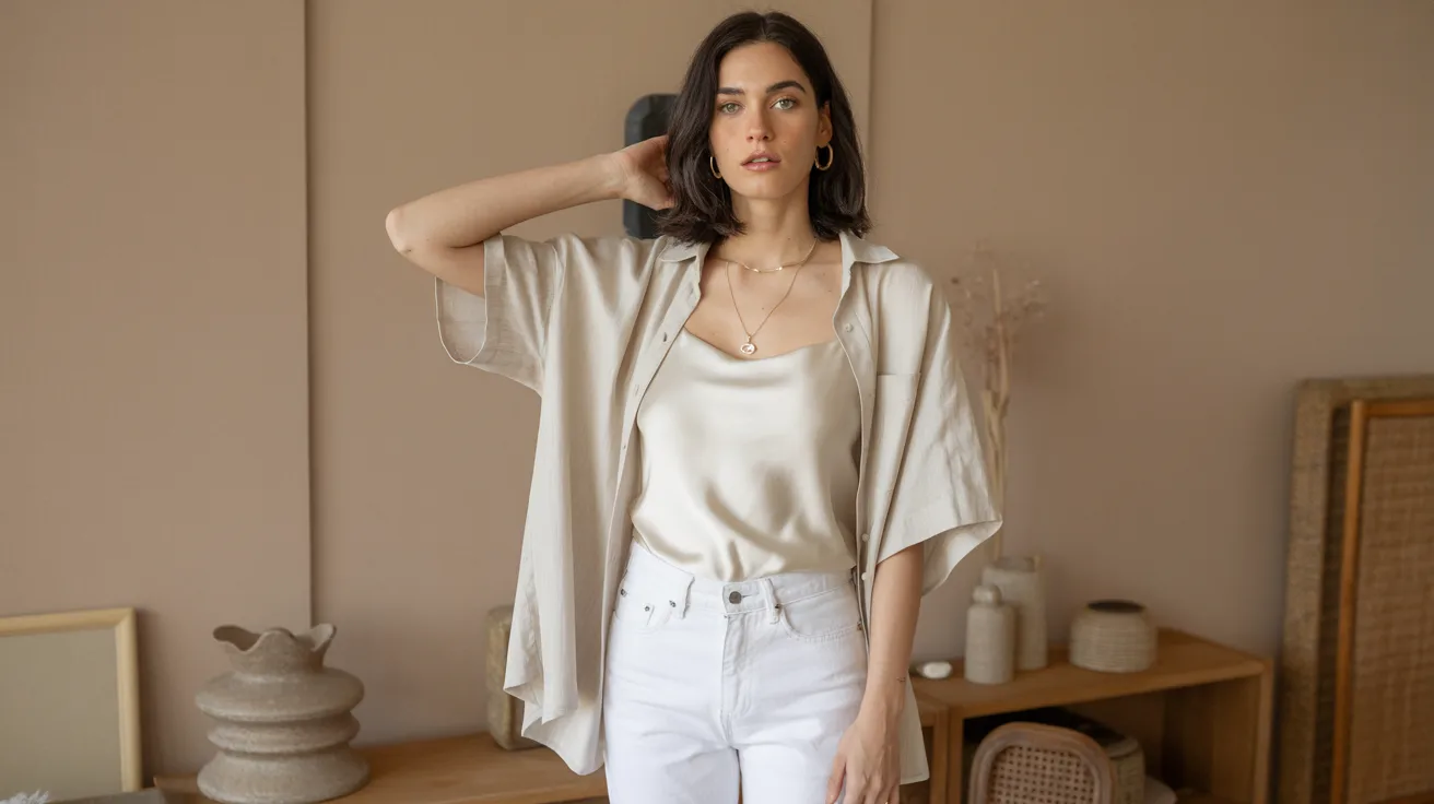 . A model poses in a stylish outfit featuring white jeans and a matching white top.