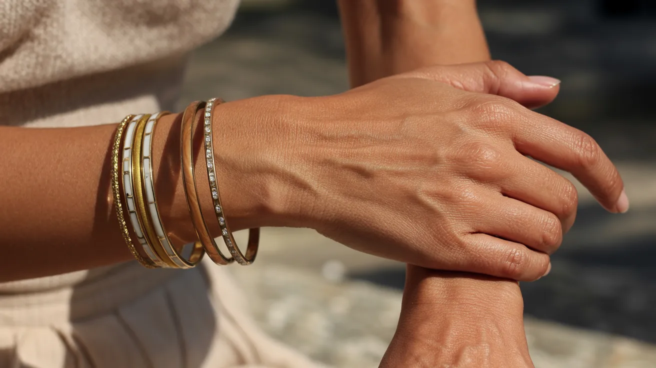 A woman's hands display two distinct bracelets, showcasing their unique designs and colors.