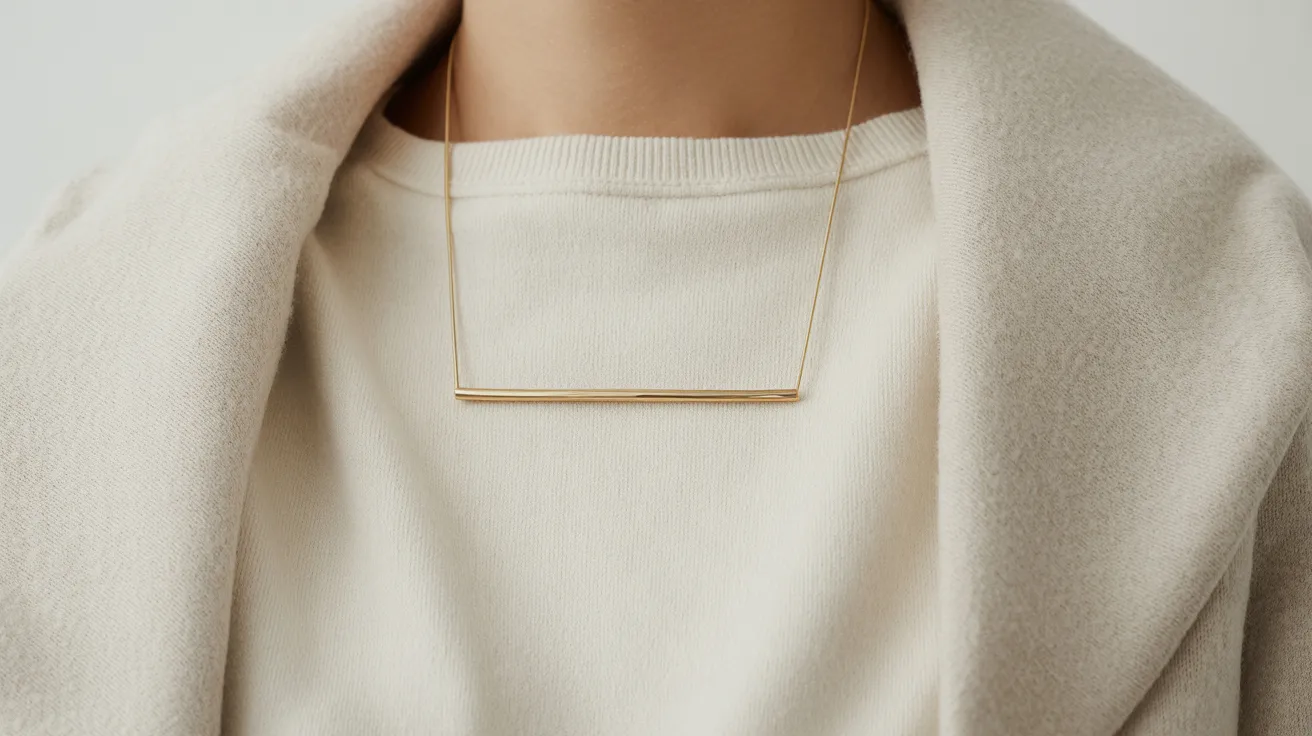 . A woman wears a gold bar necklace around her neck, showcasing its elegant design against her skin.
