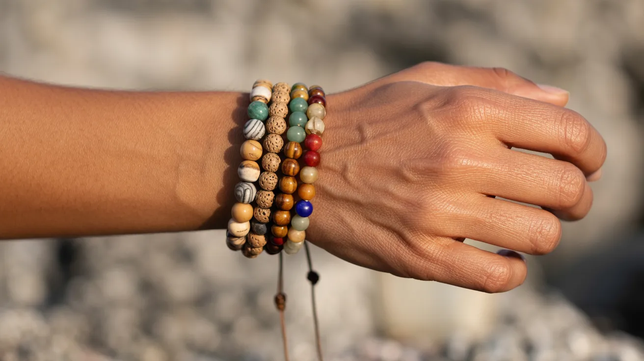 A person wearing a colorful beaded bracelet featuring various shades and patterns of beads.