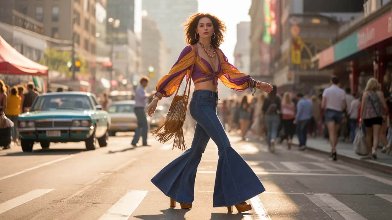 A woman in bell bottoms and a colorful top strolls down the street, showcasing a vibrant and stylish outfit.