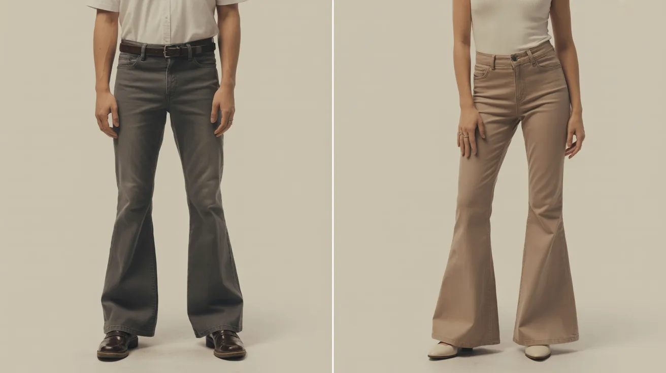 Two images of a man and woman stylishly dressed in bell bottoms, showcasing a retro fashion trend.