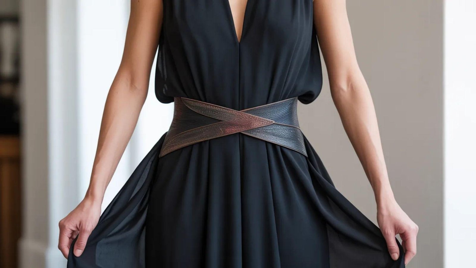 A woman wearing a black dress cinched with a belt, standing confidently with a neutral expression.