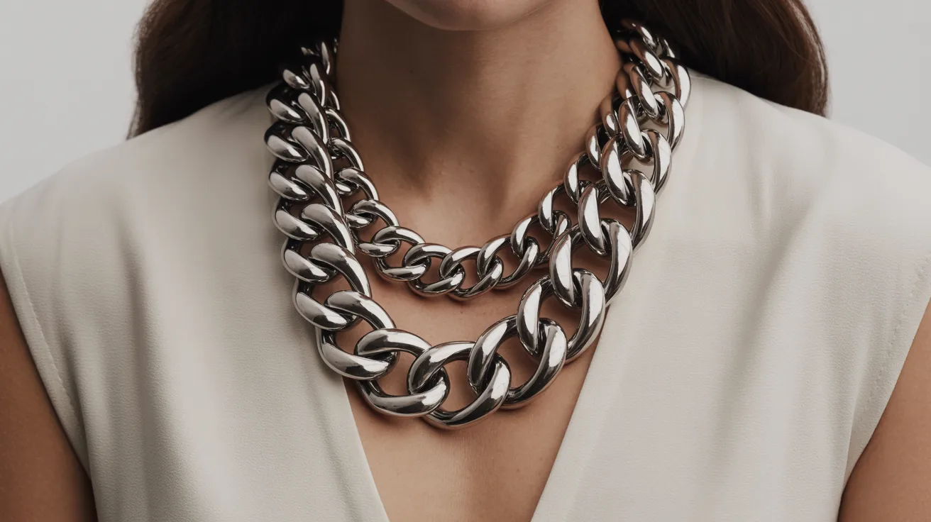 A woman dressed in a white top with a silver chain necklace, exuding elegance and poise.