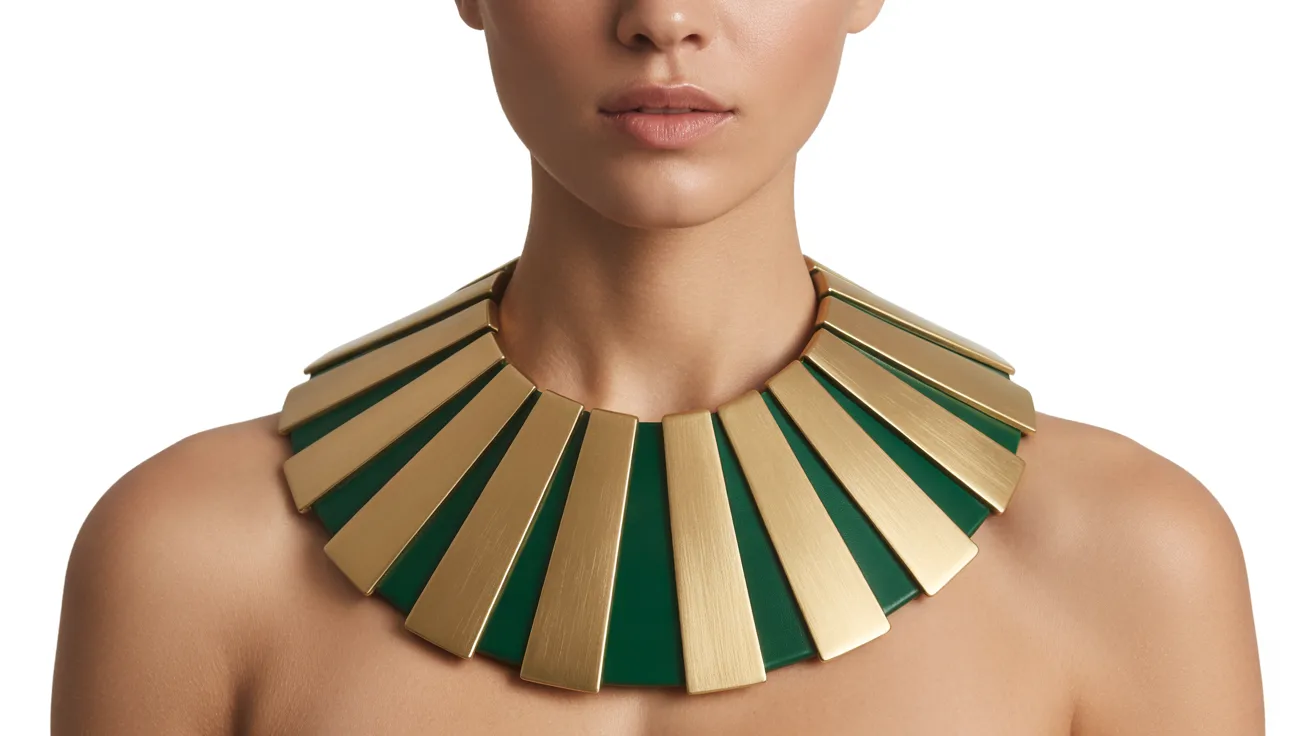A woman wearing a green and gold collar, showcasing a stylish and elegant accessory.