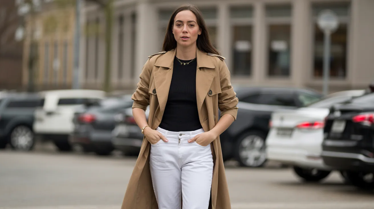 A woman wearing white jeans and a stylish trench coat stands confidently, showcasing a modern and chic outfit.