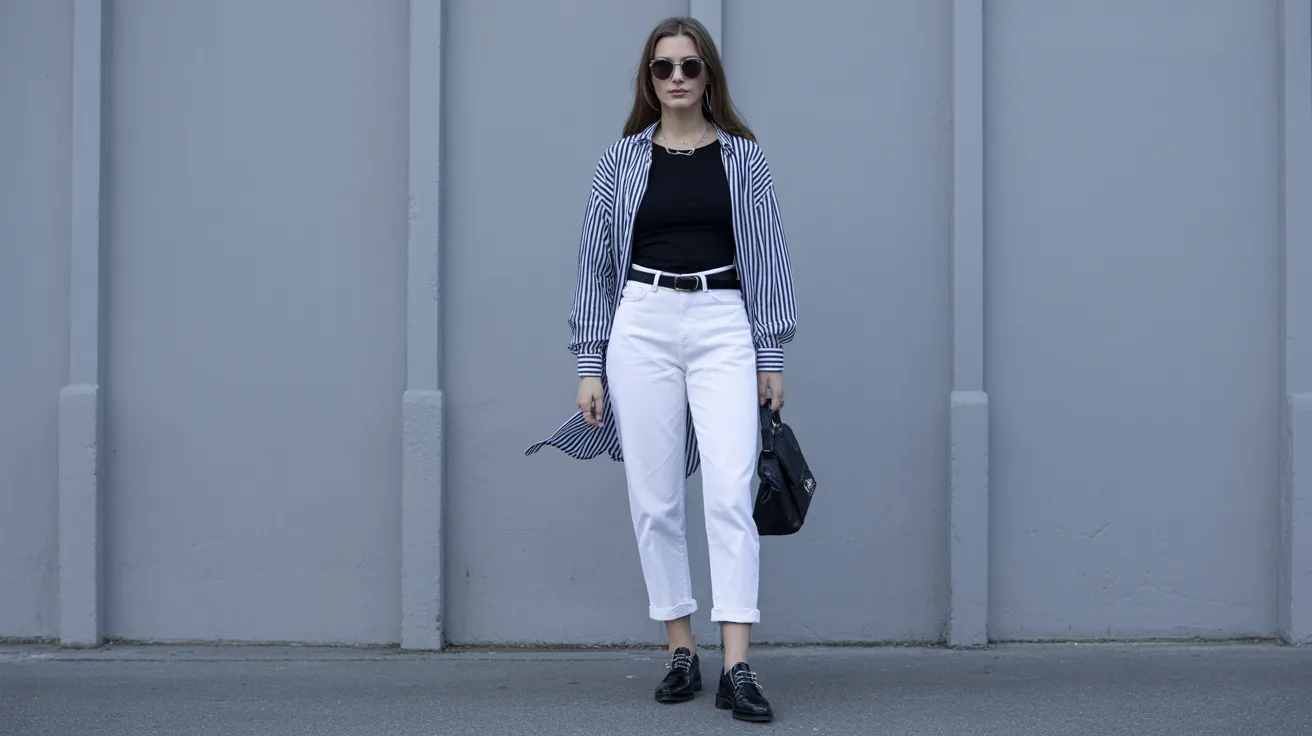 A woman wearing white pants and a black shirt stands confidently, showcasing a modern and stylish outfit.