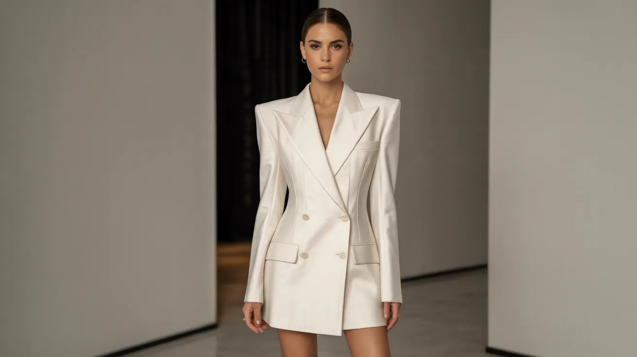 A model showcases a stylish white blazer and skirt suit, exuding elegance and professionalism.