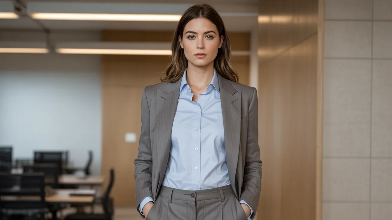 A woman dressed in a suit poses in an office, showcasing a professional and polished appearance.
