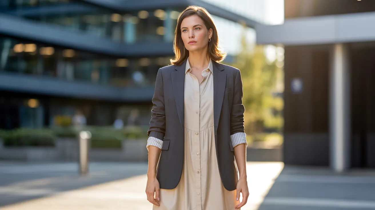  A woman in a suit and blazer stands confidently in front of a modern building.