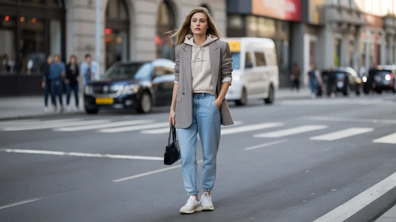  A woman in jeans and a blazer stands confidently on a city street, surrounded by urban scenery.