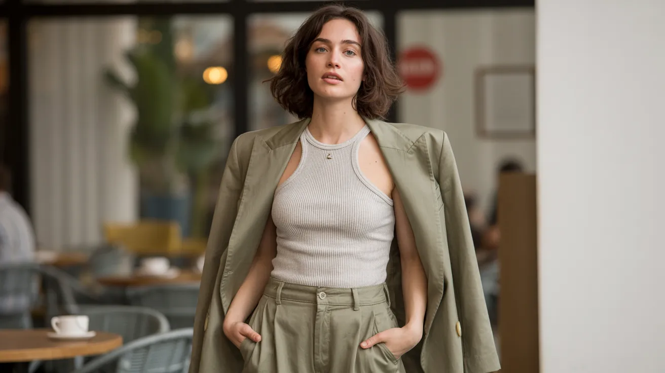 A woman wearing a green suit over a white top, standing confidently with a neutral expression.