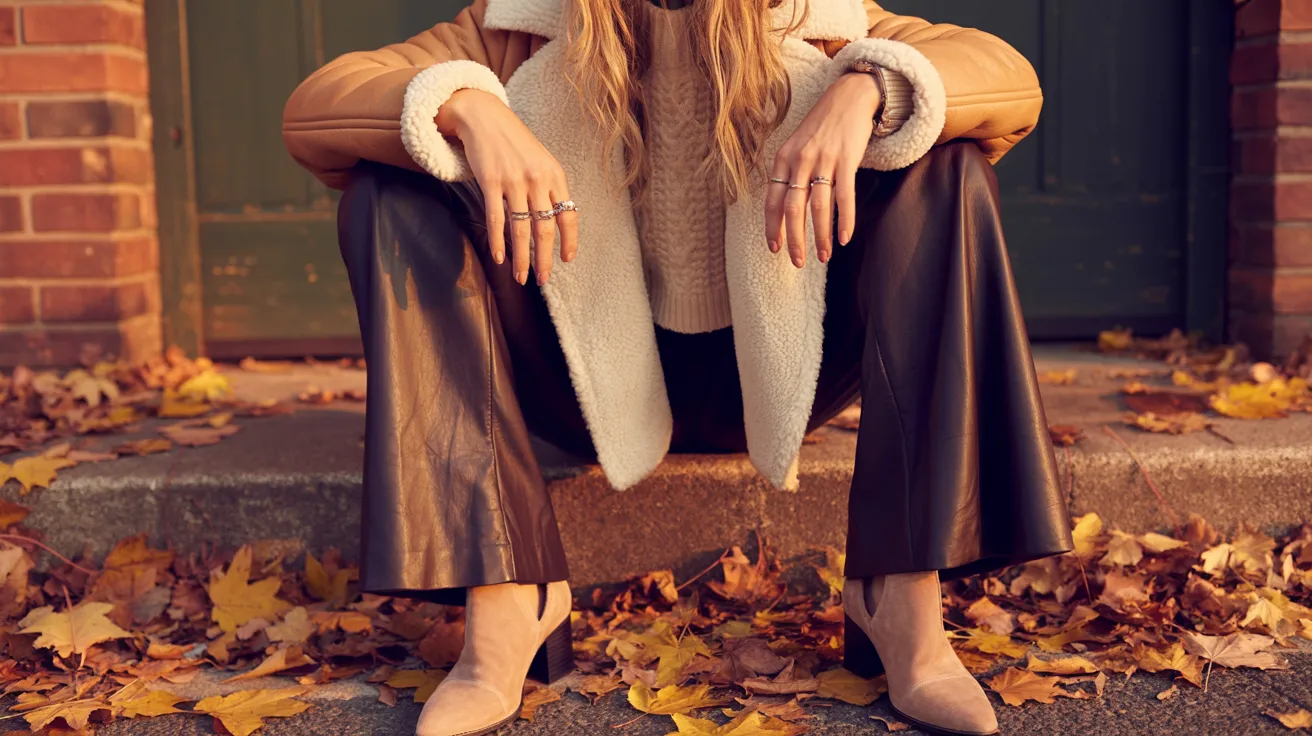 A woman in a brown coat and black pants sits on steps, looking thoughtfully into the distance.
