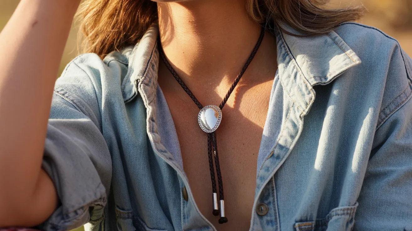 A woman in a denim jacket accessorized with a necklace, smiling and standing against a neutral background.