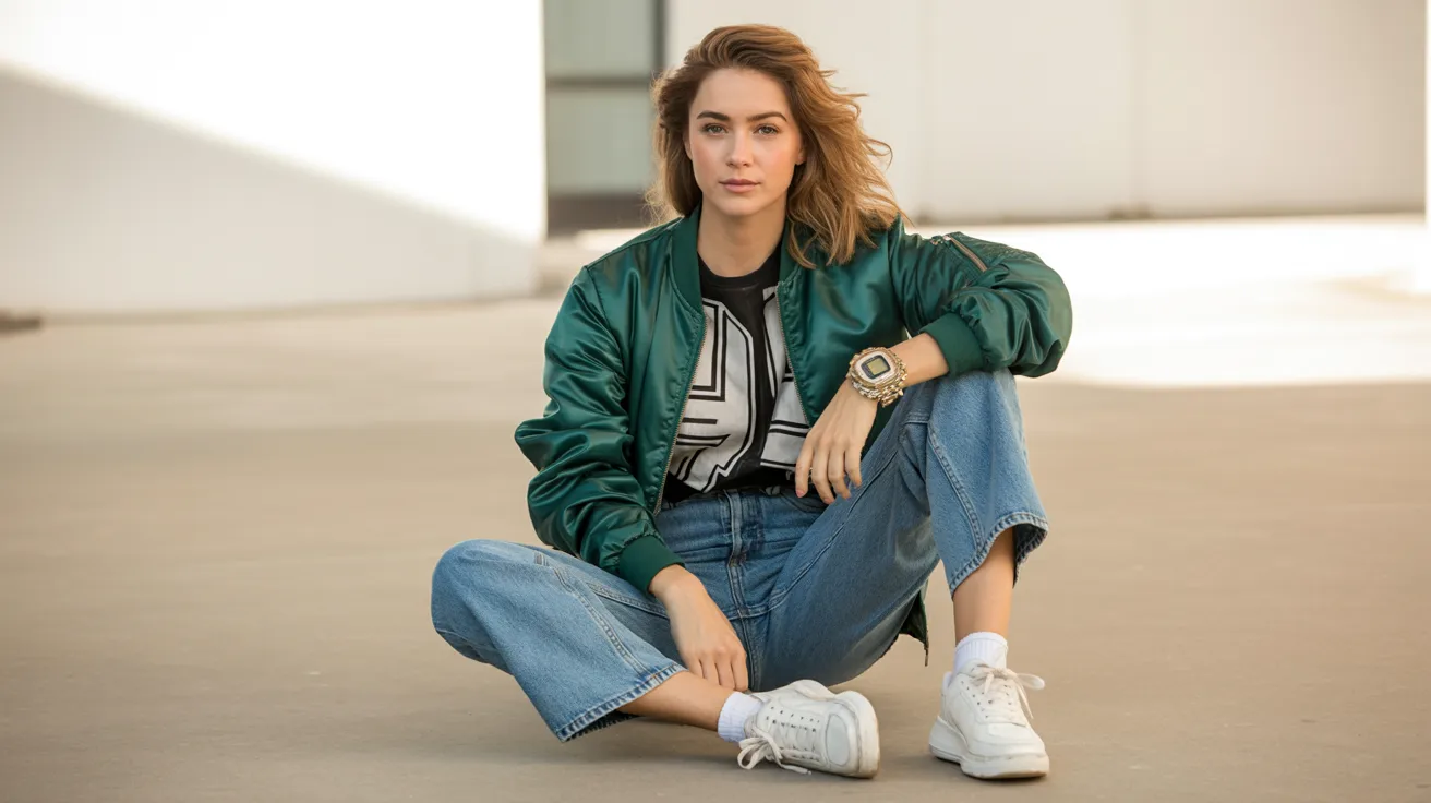  A woman in jeans and a green jacket sits on the ground, looking relaxed and contemplative.