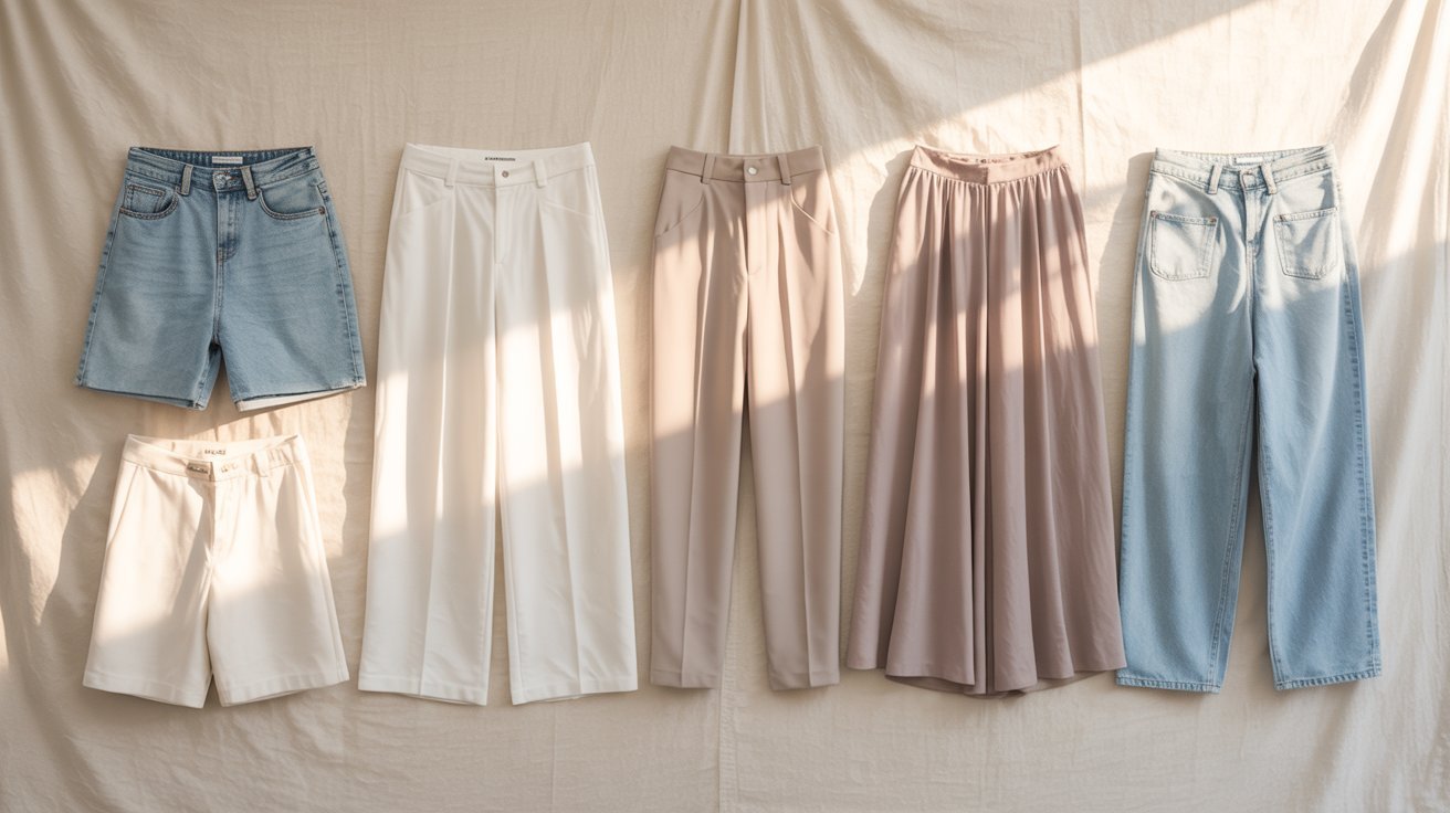 Six pairs of pants displayed neatly hanging on a wall, showcasing various colors and styles.