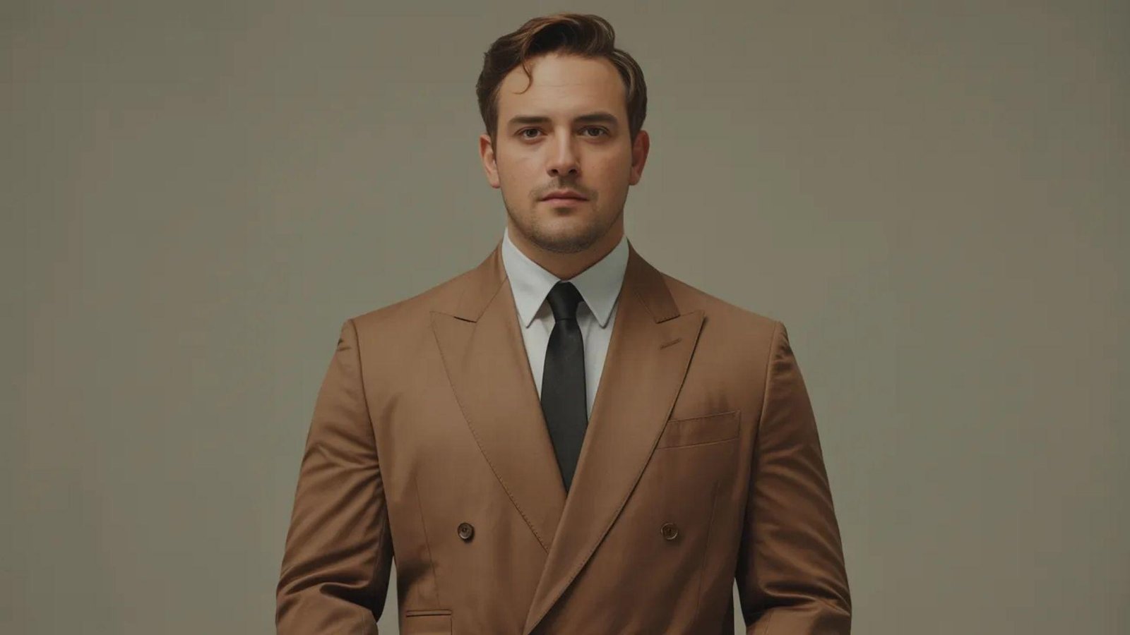  A man wearing a tan suit and tie, standing confidently with a neutral expression.