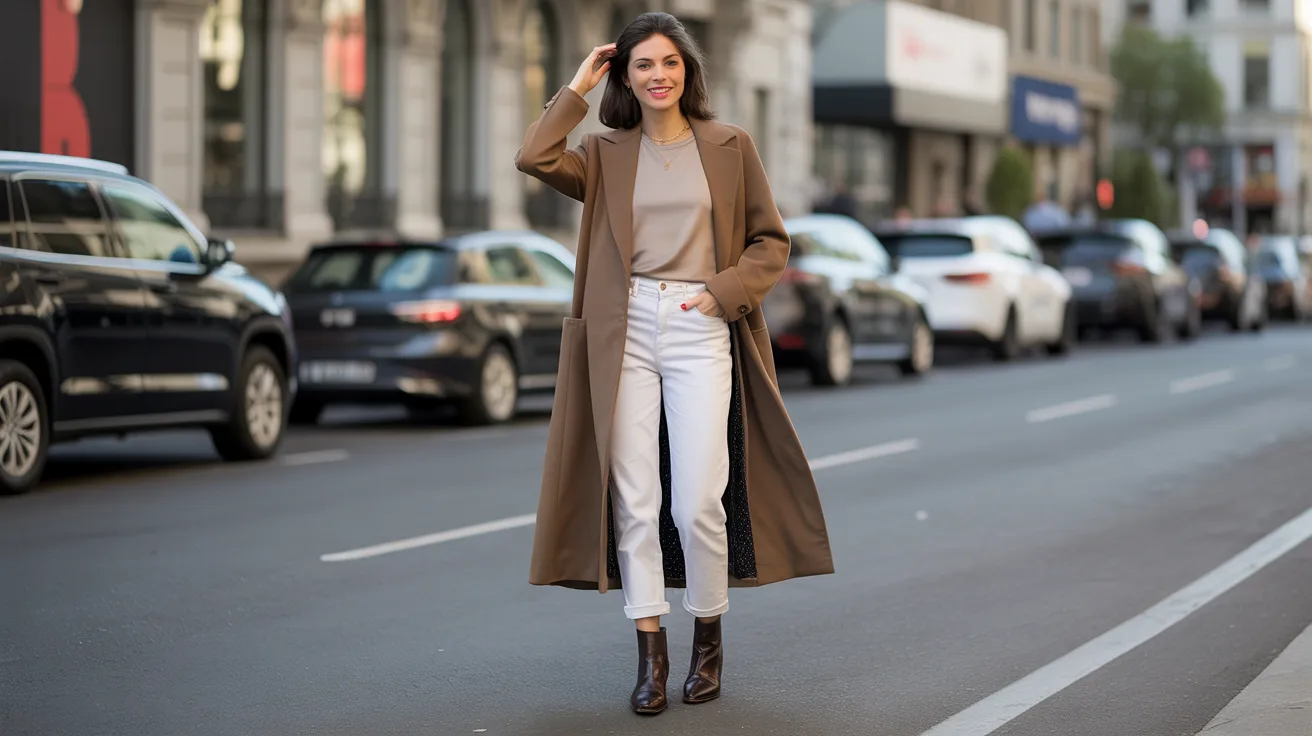 A woman wearing white jeans and a brown coat stands on the street, looking ahead with a neutral expression.