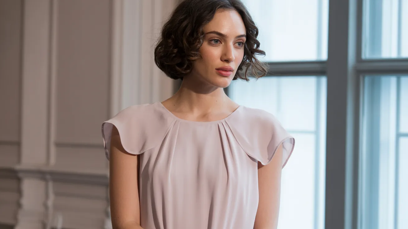 A woman in a pink dress stands gracefully in front of a window, with natural light illuminating her figure.