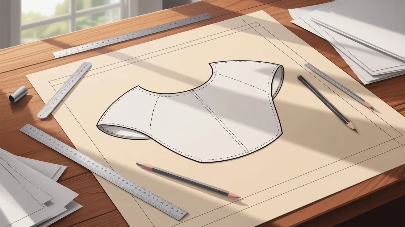 A drawing of a shirt laid on a table surrounded by pencils and sheets of paper.