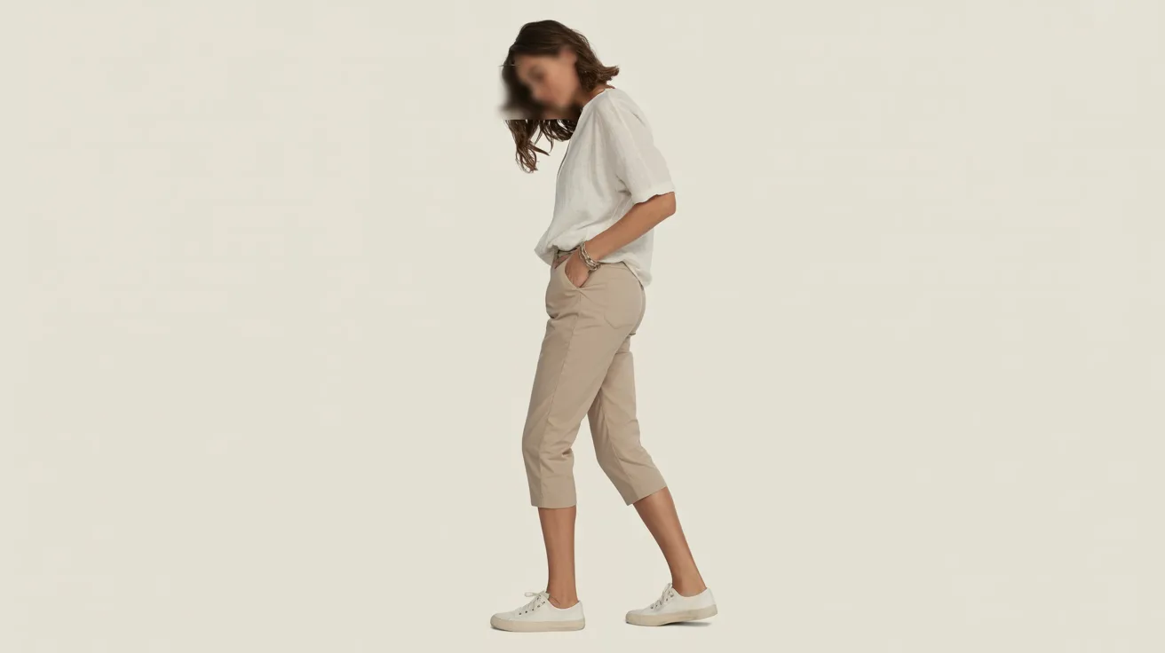  A woman wearing a white shirt and tan pants stands confidently, showcasing a casual yet polished look.