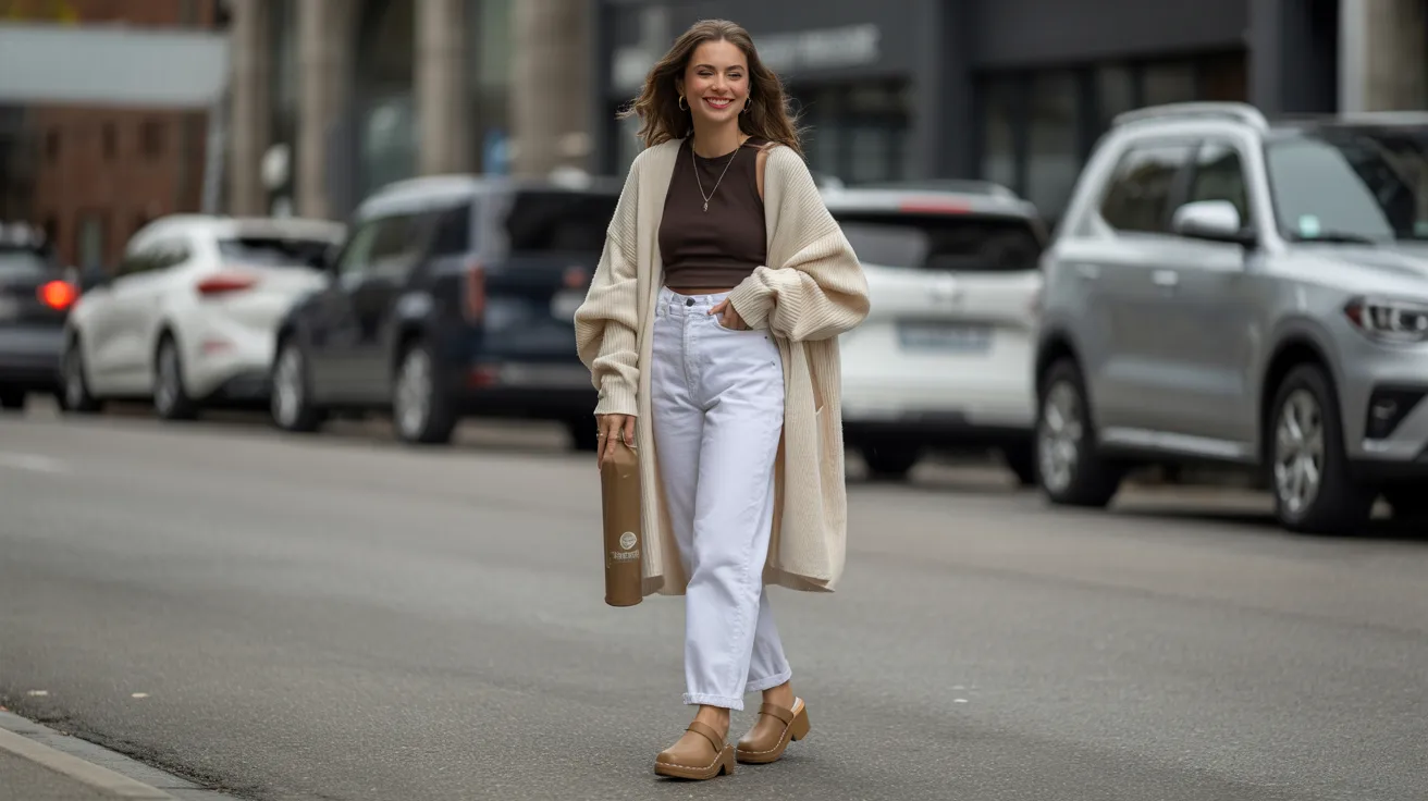 A woman in white pants and a brown sweater walks down the street, surrounded by urban scenery.
