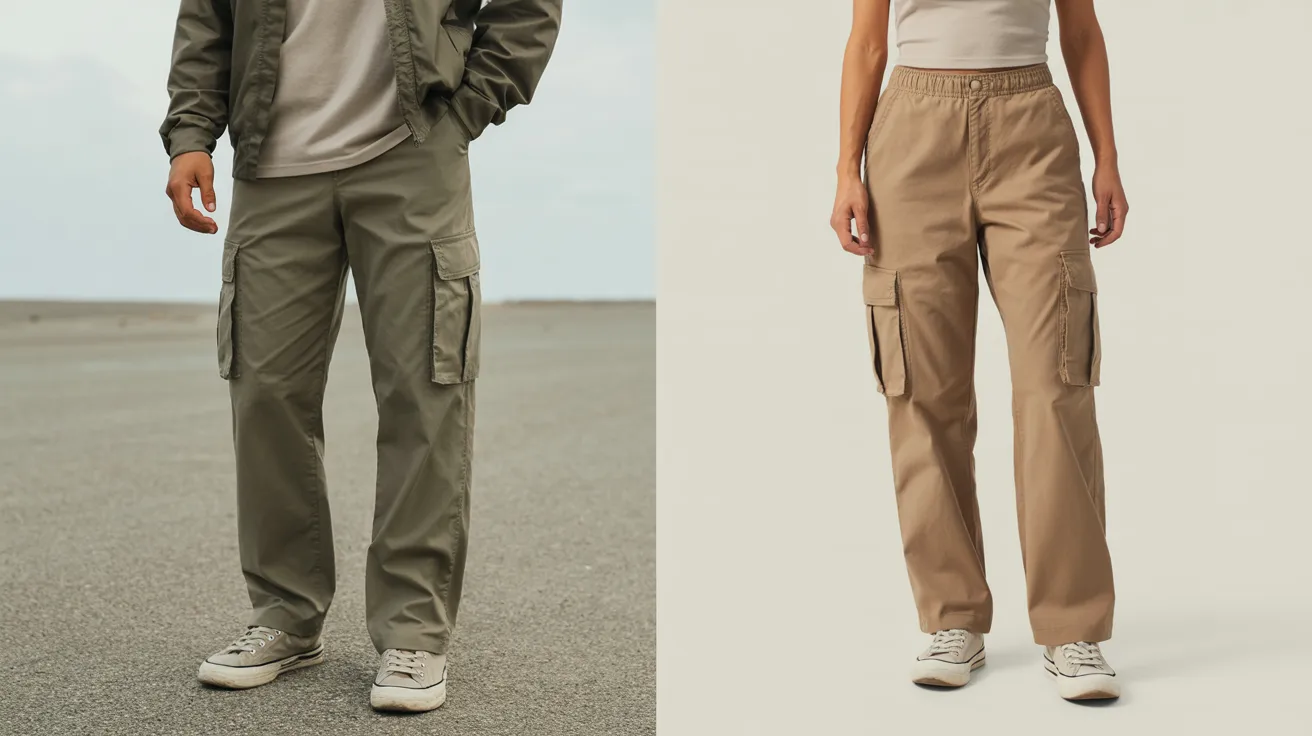Two images of a man and woman wearing cargo pants, showcasing different styles and colors of the pants.