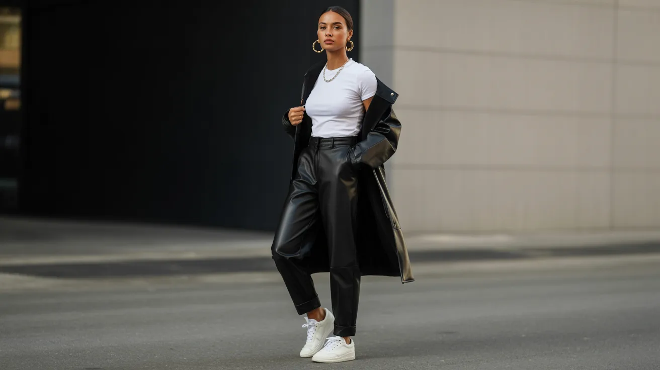 A woman wearing black leather pants and a white t-shirt stands confidently, showcasing a stylish and casual outfit.