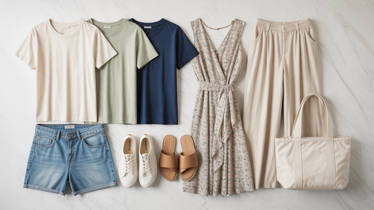 A variety of clothing items, including shirts and pants, arranged neatly on a polished marble surface.