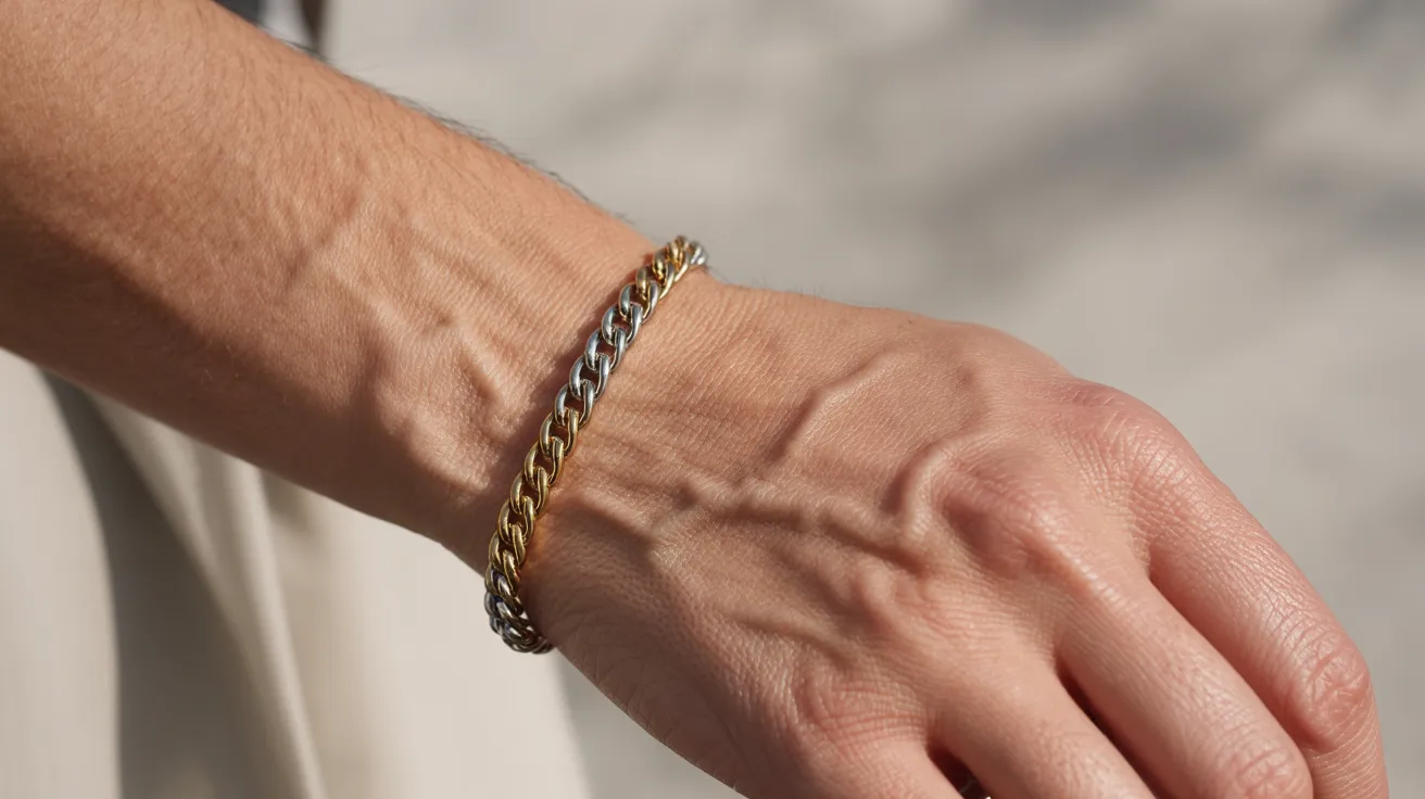 A detailed view of a man's hand wearing a gold and silver bracelet, emphasizing the unique combination of the two metals.
