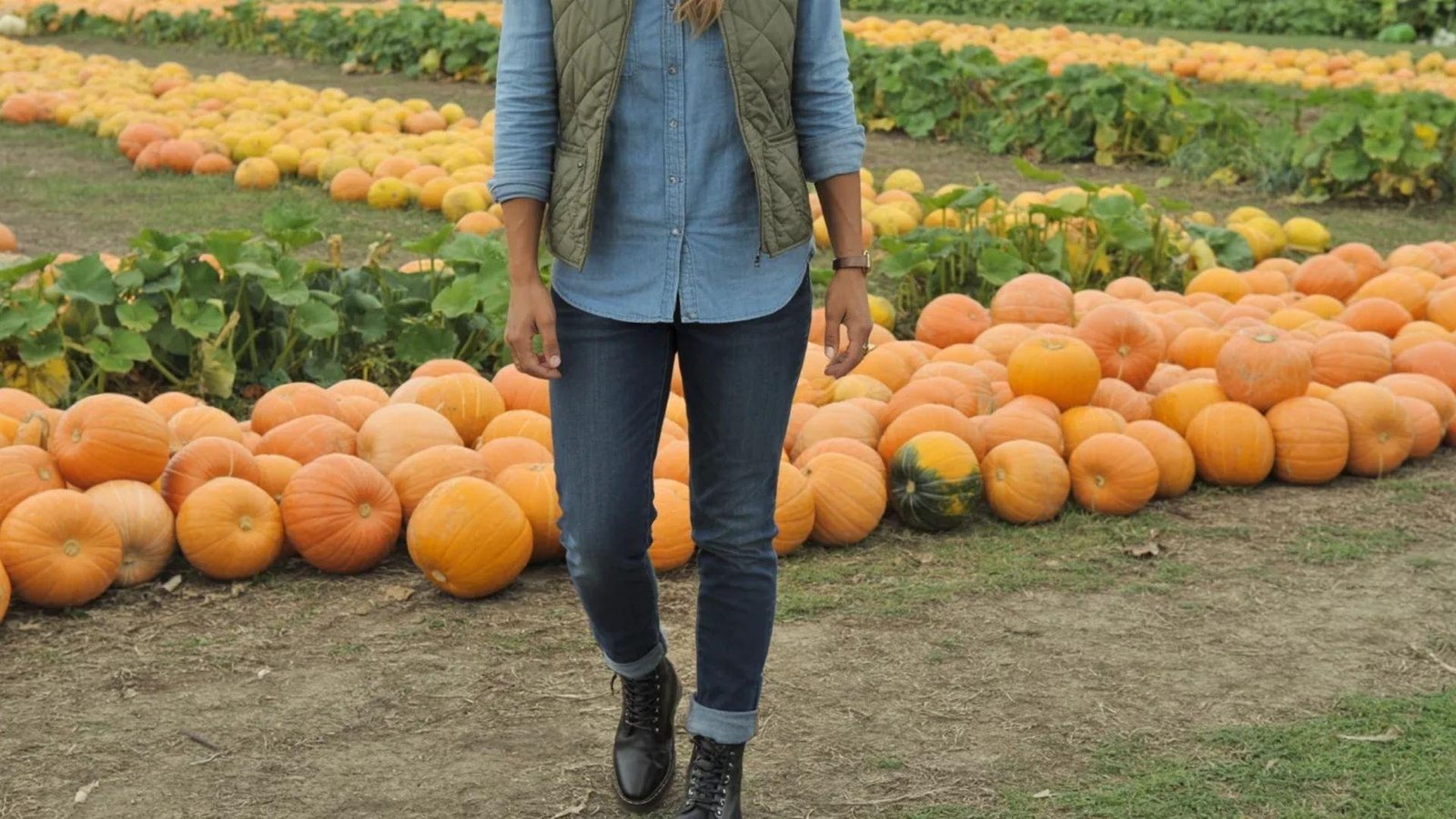  A woman in jeans and a vest stands among pumpkins in a vibrant pumpkin patch, enjoying the autumn scenery.