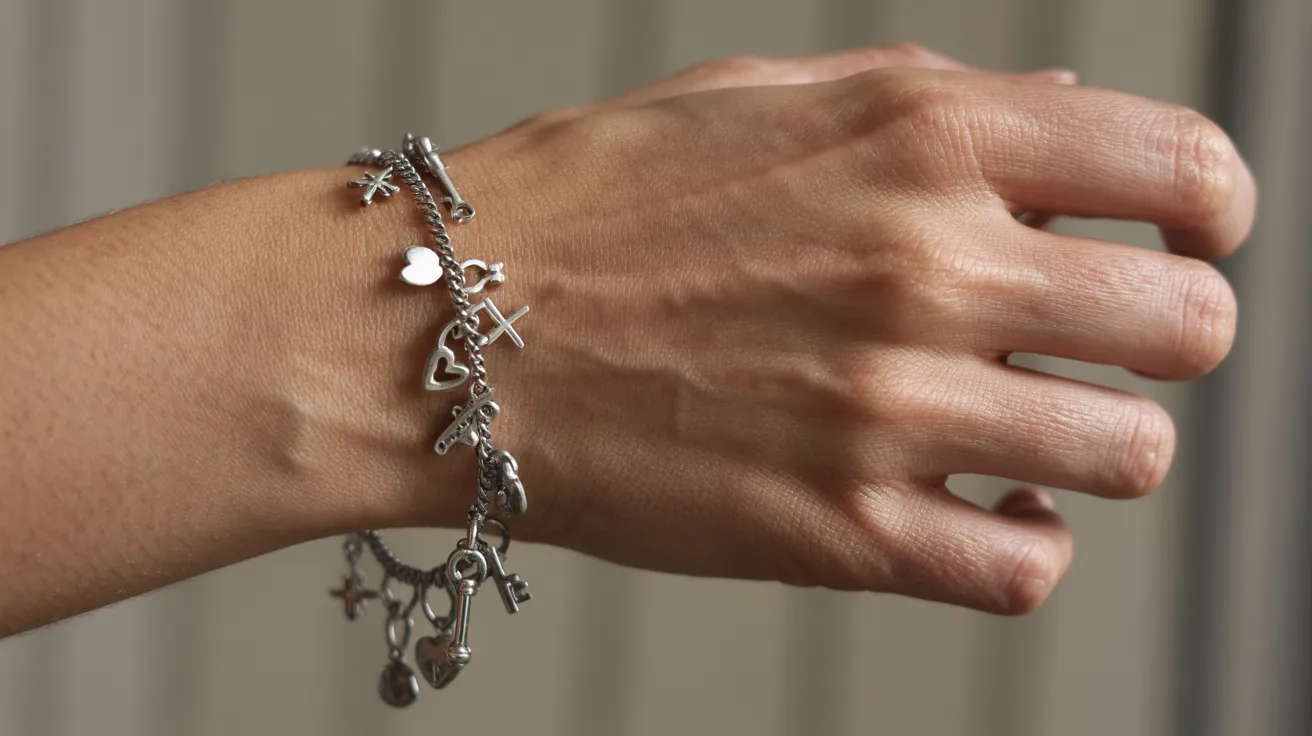 A woman's hand delicately holds a silver bracelet adorned with various charms.