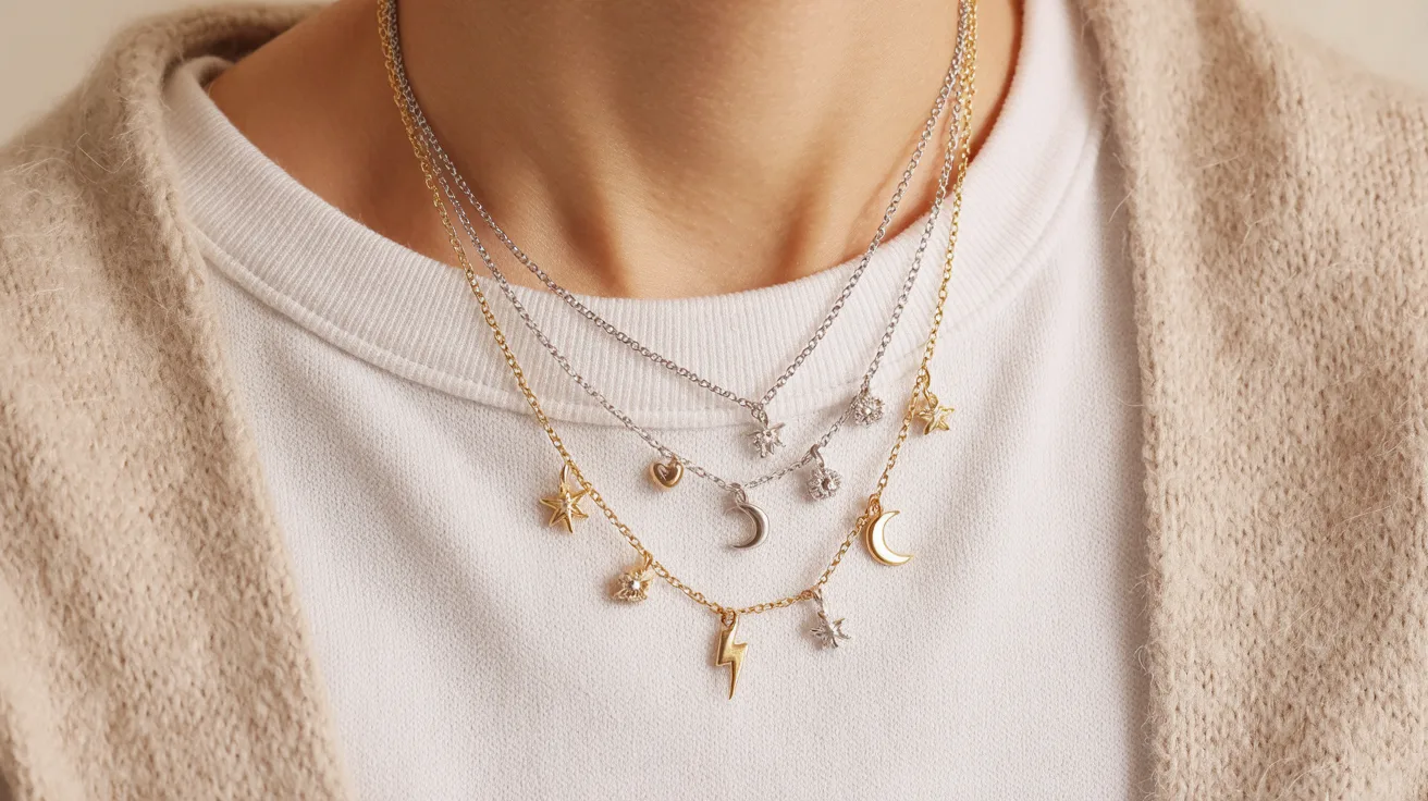 A delicate necklace crafted from gold and silver, adorned with a moon and star motif, symbolizing night and dreams.