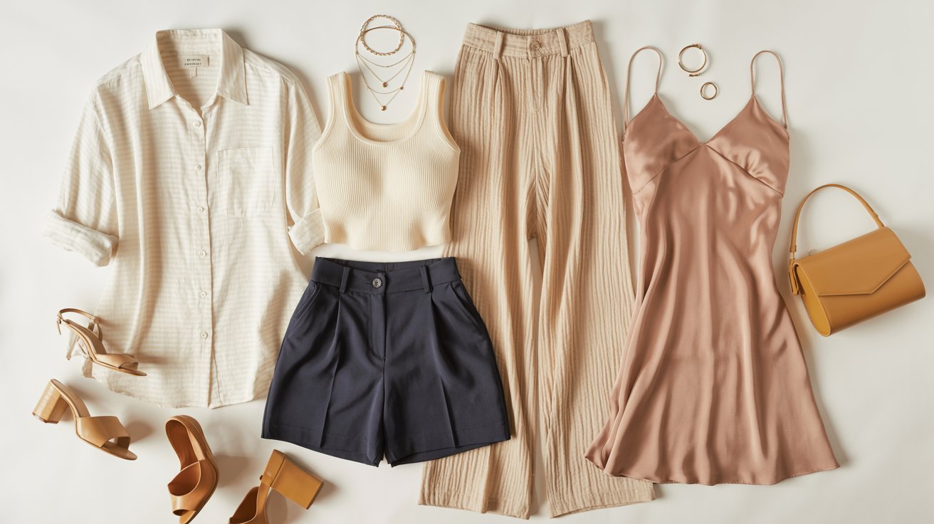 A woman's clothing neatly arranged on a white surface, showcasing various garments and accessories.