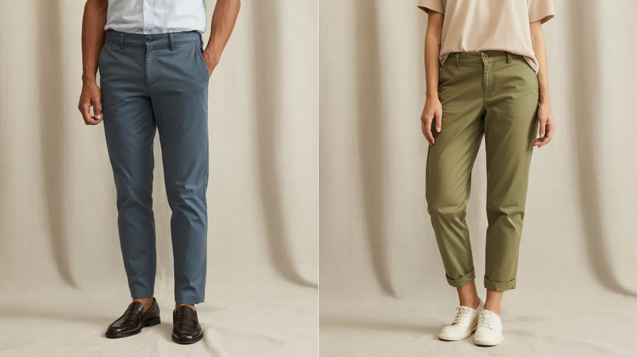 Two men and a woman stand together, each wearing pants in different colors, showcasing a variety of styles.