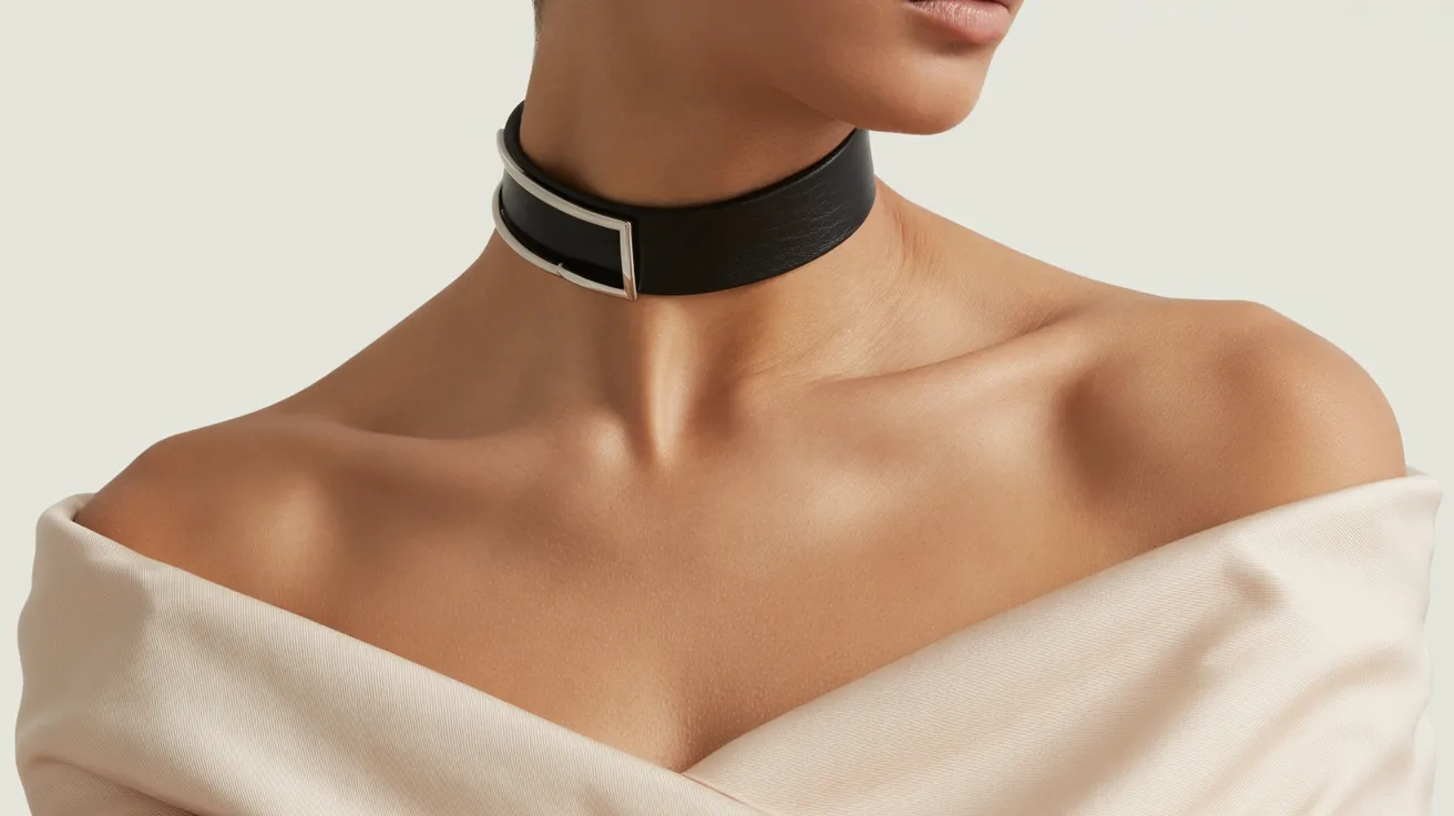 A model showcases a black choker featuring a square metal buckle, highlighting a modern and stylish accessory.