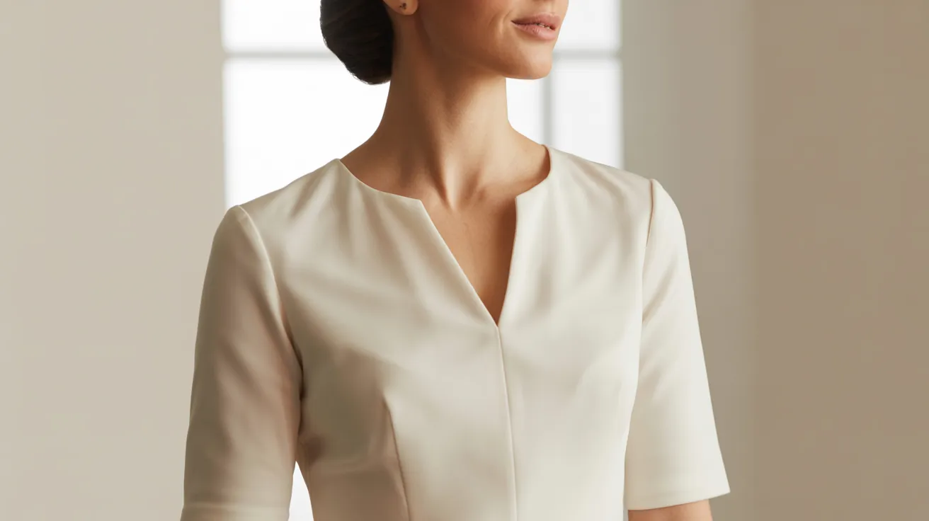 A woman wearing a white dress poses in a bright room, showcasing elegant decor and a serene atmosphere.