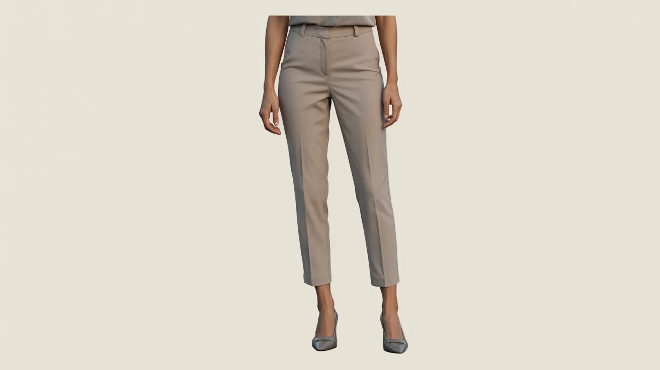 A woman in a grey shirt and tan pants stands confidently, showcasing a casual yet stylish outfit.